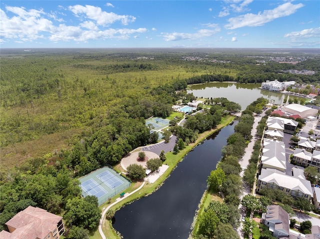 drone / aerial view with a water view