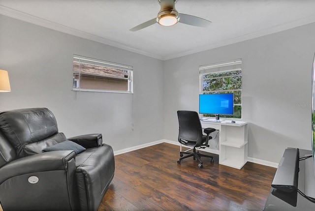 office with crown molding, baseboards, ceiling fan, and wood finished floors