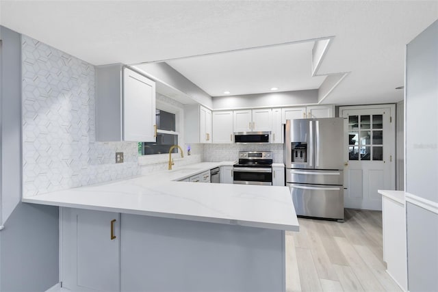 kitchen with stainless steel appliances, light hardwood / wood-style floors, sink, kitchen peninsula, and decorative backsplash