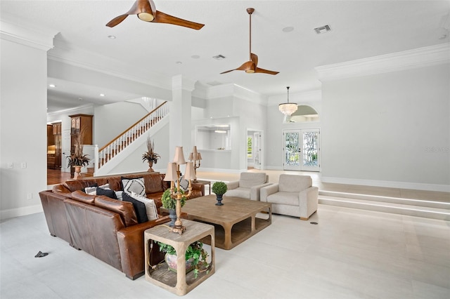 living room featuring ceiling fan, french doors, light tile patterned floors, and ornamental molding