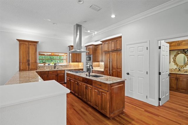 kitchen featuring sink, island exhaust hood, hardwood / wood-style floors, and stainless steel gas stovetop