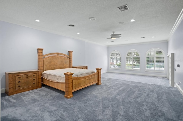 bedroom featuring ceiling fan, crown molding, dark carpet, and a textured ceiling