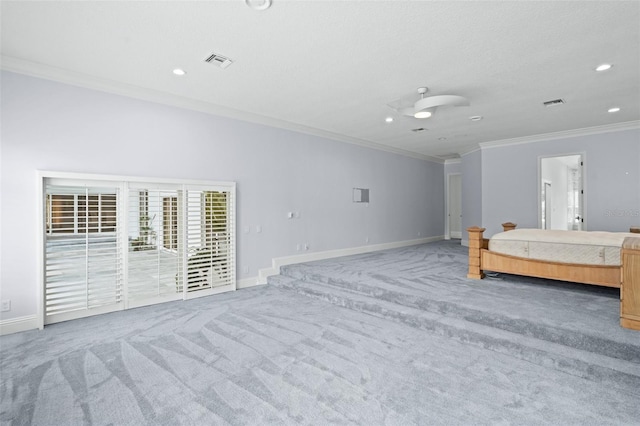 unfurnished bedroom with ceiling fan, carpet flooring, access to outside, and ornamental molding