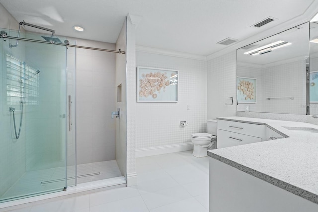 bathroom featuring vanity, tile patterned flooring, crown molding, an enclosed shower, and toilet