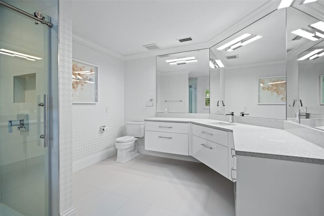 bathroom with tile patterned flooring, an enclosed shower, vanity, and toilet