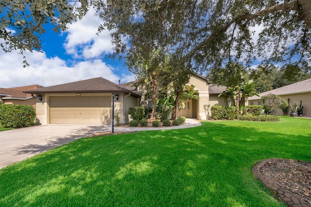 ranch-style house with a garage and a front lawn