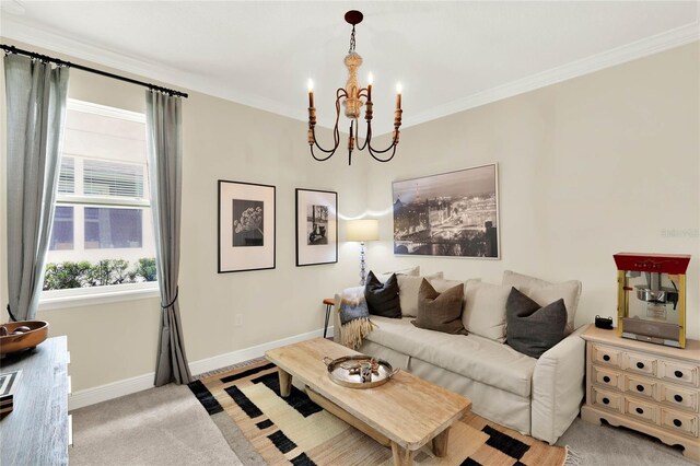 living area featuring baseboards, ornamental molding, and a chandelier