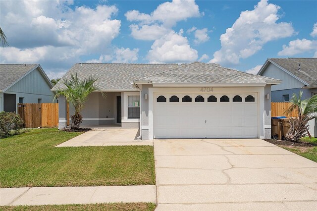 ranch-style home featuring a garage and a front lawn