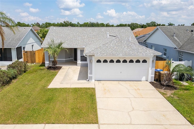 ranch-style home with a garage and a front lawn