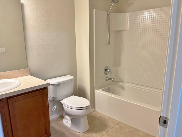 full bathroom featuring tile patterned flooring, tiled shower / bath combo, vanity, and toilet