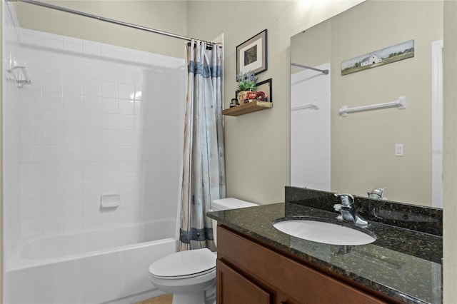 full bathroom featuring vanity, shower / tub combo with curtain, and toilet