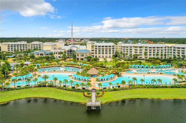 drone / aerial view featuring a water view