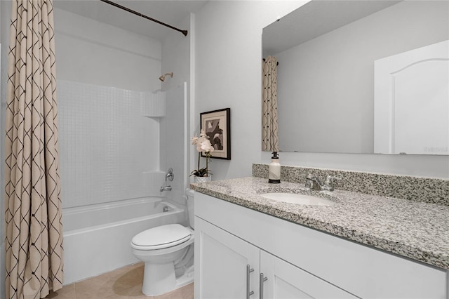 full bathroom featuring tile patterned floors, toilet, shower / tub combo with curtain, and vanity