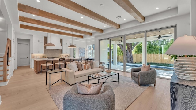 living room with beamed ceiling, light wood finished floors, recessed lighting, and visible vents