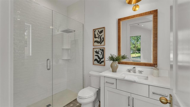 full bath with vanity, toilet, and a stall shower