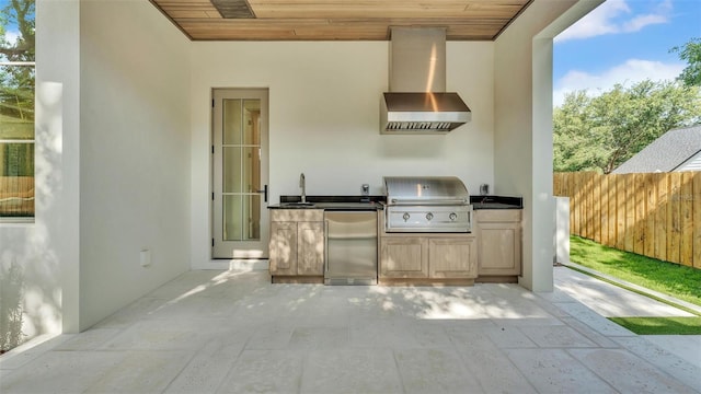 view of patio / terrace featuring an outdoor kitchen, fence, a sink, and a grill