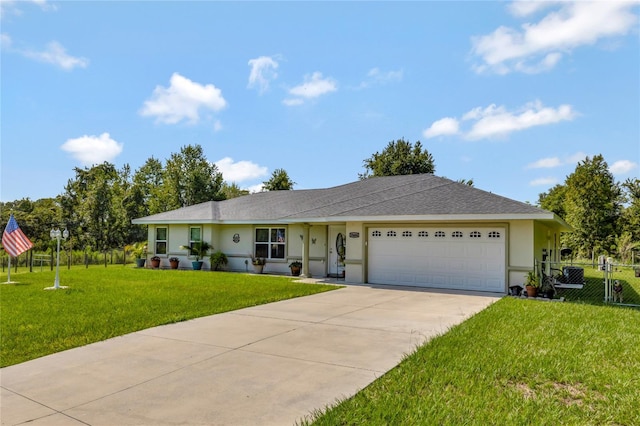 ranch-style home with a front lawn and a garage