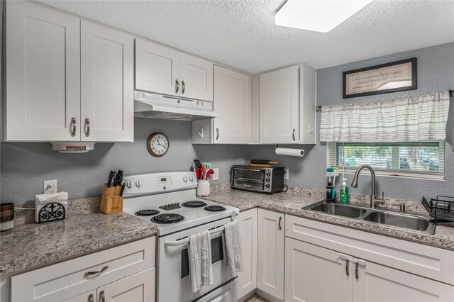 kitchen with sink, white range with electric cooktop, a textured ceiling, and white cabinetry