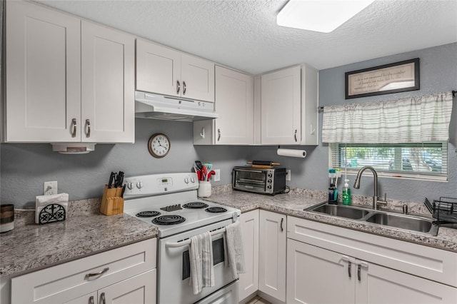 kitchen with a toaster, under cabinet range hood, a sink, white cabinets, and white range with electric cooktop