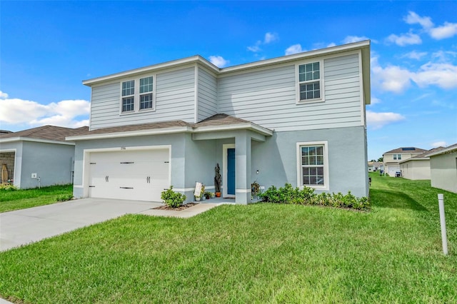 front facade with a front lawn and a garage