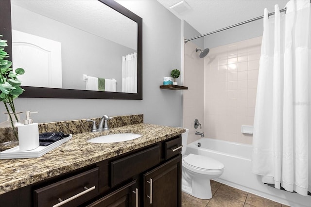 8110 Roseville Rd, Davenport, FL 33896 - bathroom featuring vanity, shower / tub combo, a textured ceiling, tile patterned floors, and toilet