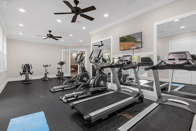 8110 Roseville Rd, Davenport, FL 33896 - gym featuring recessed lighting, a ceiling fan, baseboards, and ornamental molding