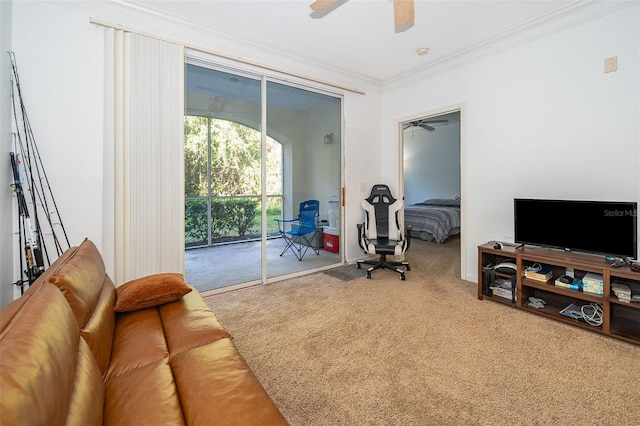 carpeted living room featuring crown molding and ceiling fan