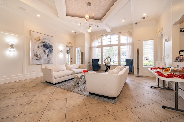 living room with crown molding, an inviting chandelier, a high ceiling, and light tile patterned floors