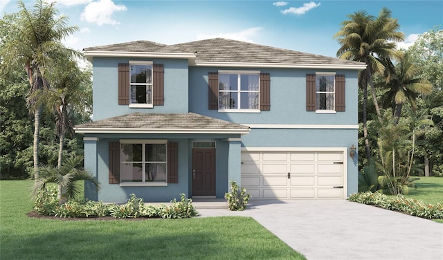 view of front of house with a front yard and a garage