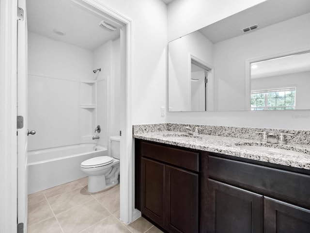 full bathroom featuring tile patterned floors, double sink vanity, tub / shower combination, and toilet