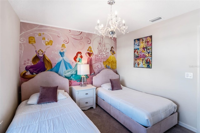 bedroom featuring dark carpet, visible vents, and a notable chandelier