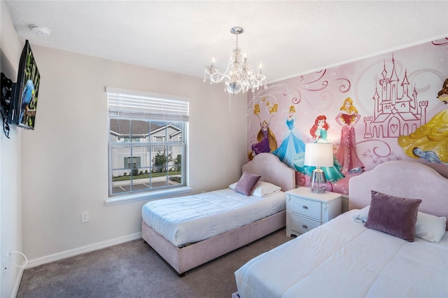 bedroom featuring carpet floors, a chandelier, and baseboards