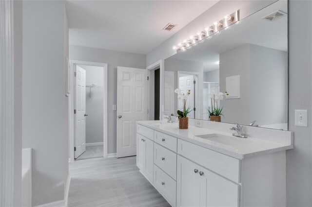 bathroom featuring walk in shower and vanity