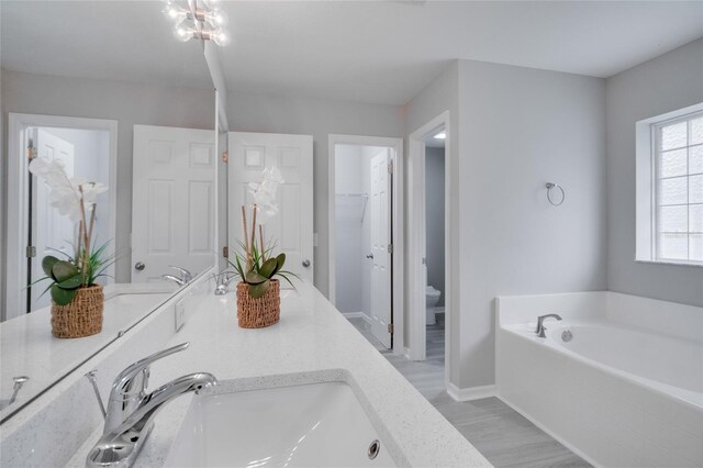 bathroom featuring hardwood / wood-style flooring, a bathing tub, vanity, and toilet