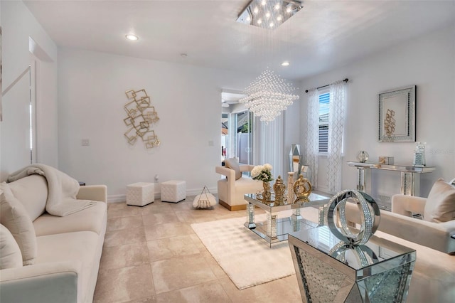 living room featuring an inviting chandelier