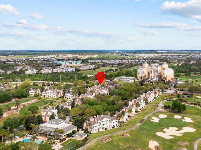 aerial view featuring a residential view and golf course view