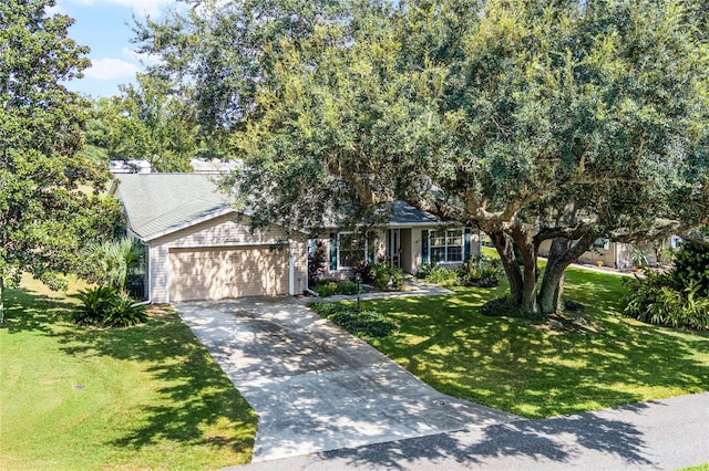 obstructed view of property with a garage and a front lawn