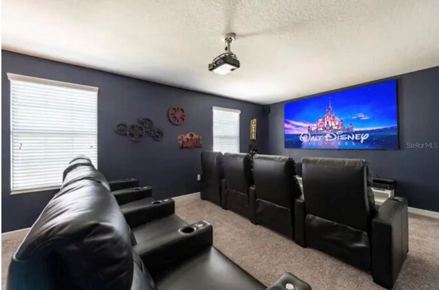 cinema with a textured ceiling, a healthy amount of sunlight, and carpet floors