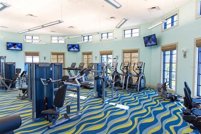 gym with carpet flooring and a towering ceiling