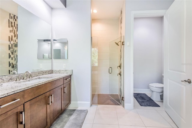 bathroom with vanity, toilet, walk in shower, and tile patterned floors