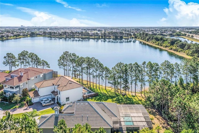 drone / aerial view with a water view