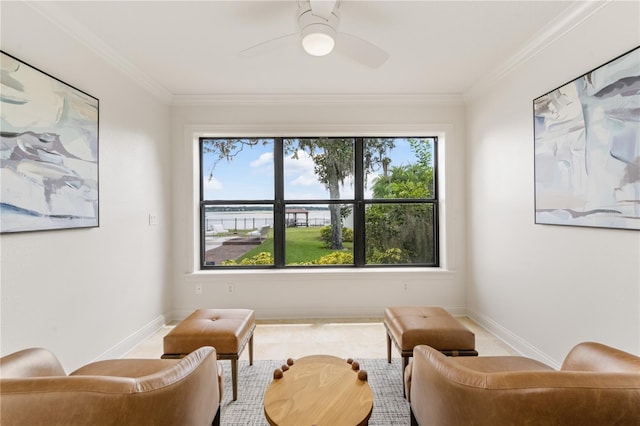 living area featuring crown molding, light carpet, and ceiling fan