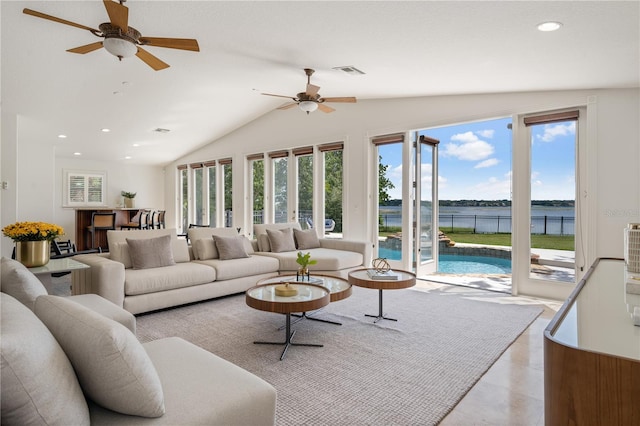 living room with vaulted ceiling, a water view, and ceiling fan