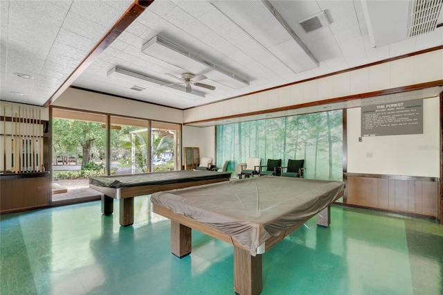 236 Peppertree Ct, Lake Mary, FL 32746 - playroom featuring billiards table, a ceiling fan, and wooden walls