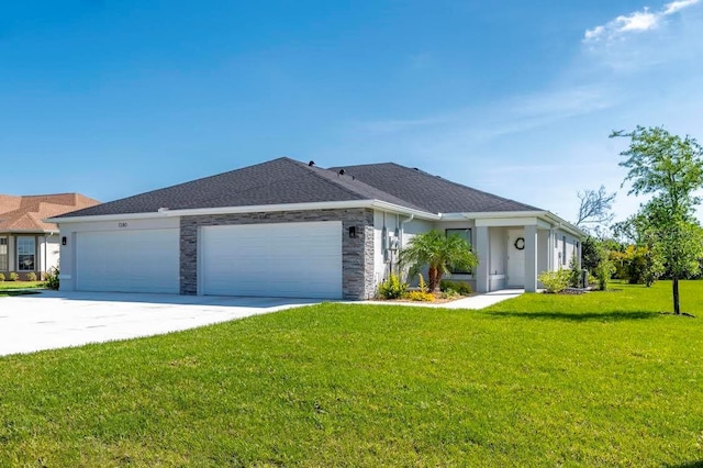 ranch-style house with a garage and a front lawn