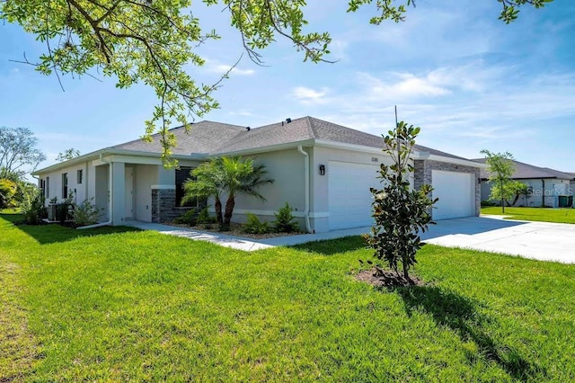 ranch-style house with a front yard, driveway, an attached garage, and stucco siding