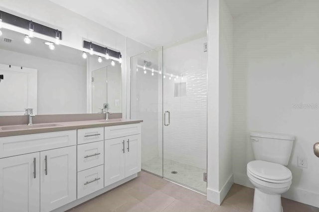 bathroom with tile patterned flooring, toilet, an enclosed shower, and vanity