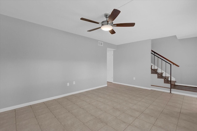 unfurnished room featuring visible vents, ceiling fan, stairway, and baseboards