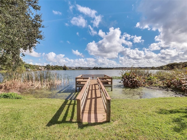 dock area with a lawn and a water view