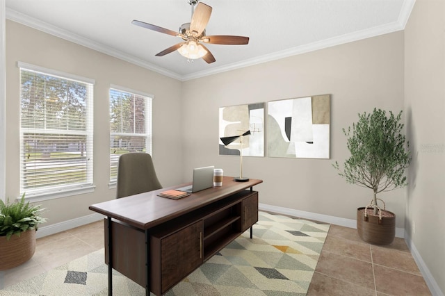 office space with light tile patterned flooring, ornamental molding, and ceiling fan